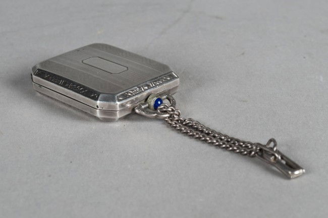 Scarce Waltham Sterling Pocket - Desk Watch: The square case with fold out watch can be used as a pocket watch or as a table clock,inside of case marked Illinois, w.c. co., Elgin, sterling, and the number 2591302,movement marked 17 jewels, sn 33