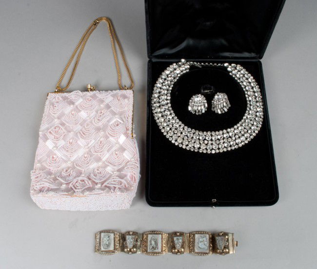 Mexican Bracelet, Kramer N.Y Jewelry, Handbag: To Include a three piece jewelry suit by Kramer New York, a beaded hand bag with gold chain, and a Mexican sterling bracelet inlaid with MOP signed A.R., hecho Mexico, 4 items total