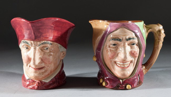 (2) Large Royal Doulton Toby Mugs: The Cardinal and the Touchstone, one 8.25"W x 6.25"H, and one 7.5"W x 6"H, both excellent condition.