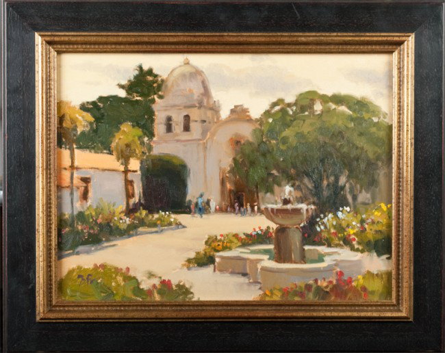 Brian Blood, Oil Painting on Canvas Board: Brian Blood, born 1962, California, known for landscape painting. Depicting a Southwest court yard Mission scene with flowers in bloom, figures and fountain. Framed in a new arts & crafts style frame.