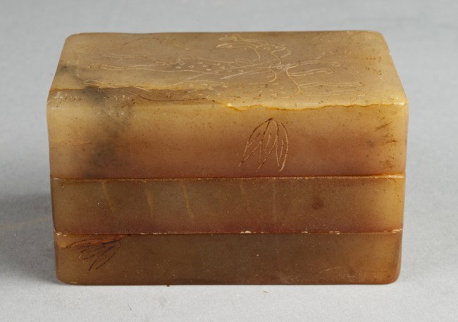 (5) Piece Chinese Soapstone Seals & Ink Basin: With two column shaped seals both carved within a 3 piece ink box the top carved with animals amongst a mountainous backdrop, 3.25"L X 2"W X 2"H. Circa 19th or 20th century.