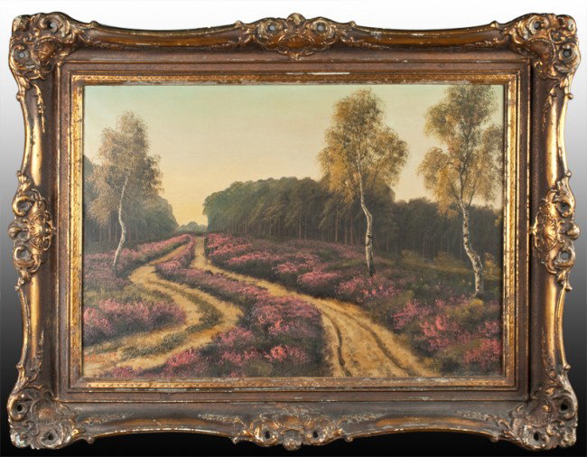 DeChau Oil Painting On Canvas: Depicting a country road scene with flowers in bloom and birch trees in the arts and crafts style, signed and dated 1912 lower left, mounted in a heavy wood and gesso molded frame, 20"H x 27"W sight, 