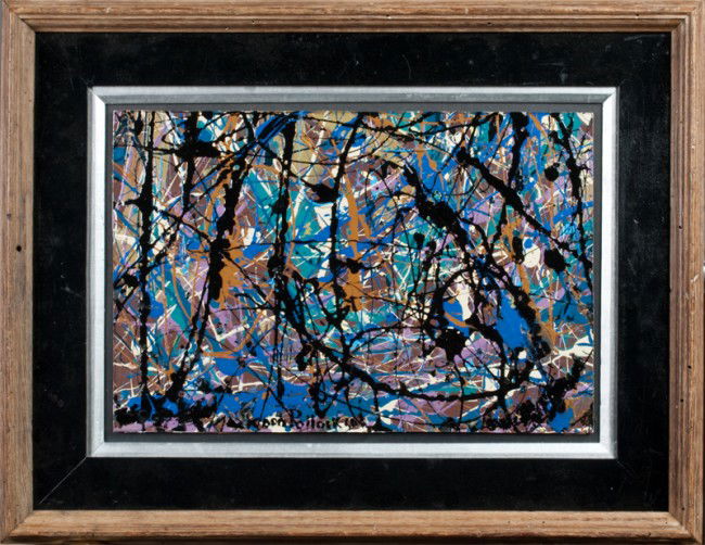 Style of Jackson Pollock Oil/Acrylic on Board: Depicting abstract in oils and acrylics in various colors. 10" H x 15" W (sight), signed middle bottom center.