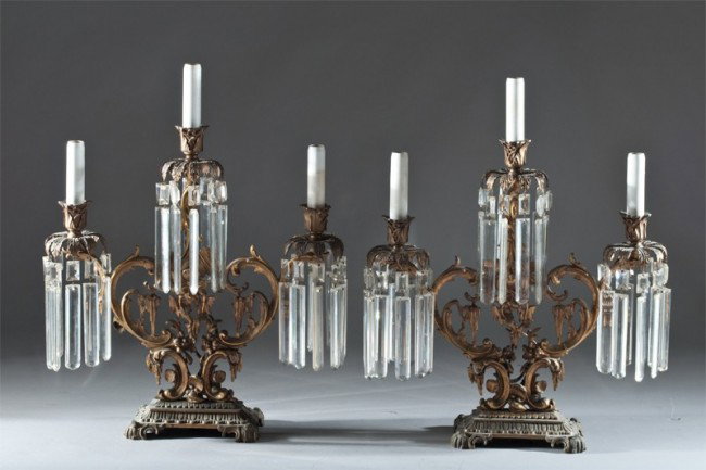 Fine Pr. Of French Bronze Dore Girandole's: Finely cast with scroll and floral arms, with three flower form cups with leafy branches, hung with crystal prisms, now electrified. Needs to be rewired, loss to gilt, very nice. 19th Century. 22" H x