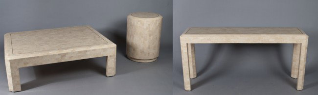 (3) Piece Mid. Century Modern Tables: In hand cut stone patchwork, includes column form side table, 25" H x 19" Dia., lacking some pieces on bottom. A sofa table, 27" H x 16.5" W x 56" L. And a coffee table 16" H x 50" Sq.
