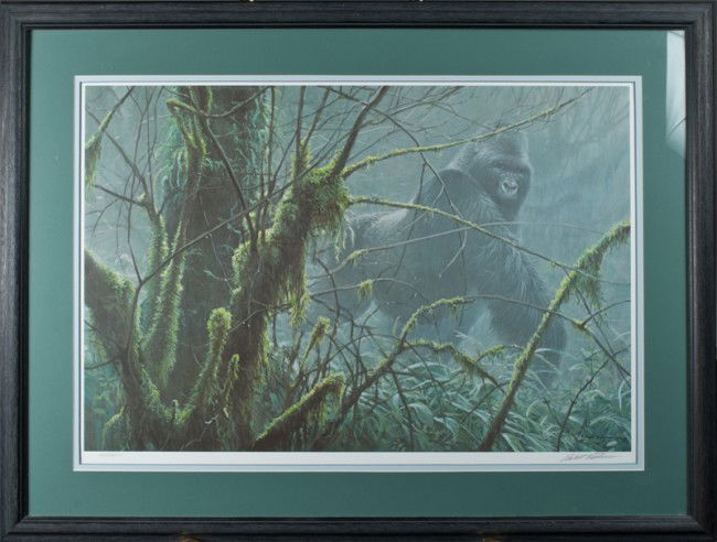 Robert Bateman Limited Edition Print: Depicting a mountain gorilla within a forest, pencil signed and dated 1992 in LR, #323/2250. Nicely framed and matted, 32" H x 42.5" W (including frame), with original paperwork and certificate.