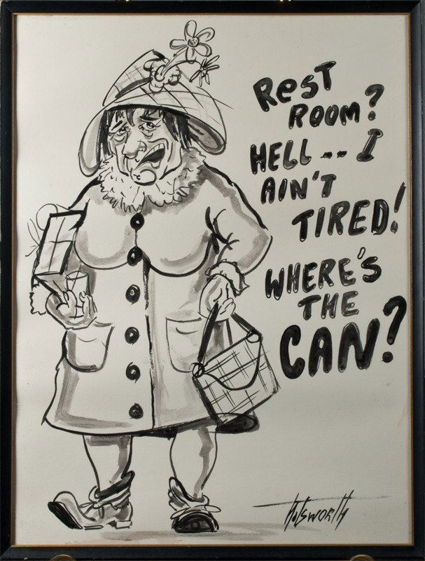 Post WWII Watercolor on Paper: Depicting a caricature of an elderly lady titled "Rest Room? Hell.. I ain't tired! Where's the Can?" Signed Holsworth (?) LR. 31.5" H x 24" W (sight), mounted in original black molding frame.