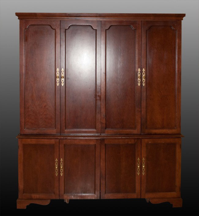Home Office Computer Desk & Credenza: By Sligh Home Furniture in Holland, Michigan, the Homeworks Collection. Large computer desk with single drawer on left, three drawers on right, pull out keyboard drawer. Credenza with above shelving a