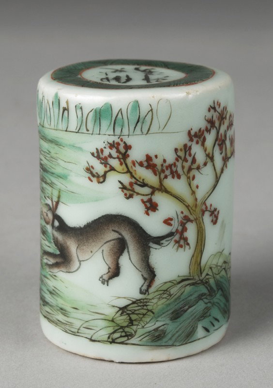 Chinese Porcelain Famille Verte Scholar's Seal: Finely enameled to depict deer in a landscape with cherry blossom trees. The reverse with calligraphy and two red seals, possibly artist. The top with archaic symbols and four character inscription. 2