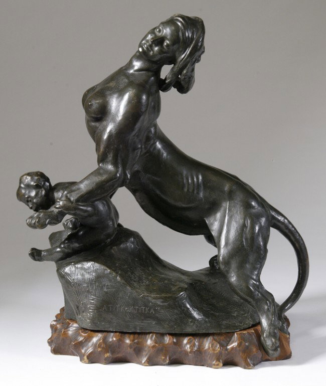 Antonio G. Lanzirotti, Bronze : Antonio G. Lanzirotti (1839-1911/21) Italian. "Atlitya Goddess of the Forest, Protector of the Children." Depicting a woman's head with a panther body guarding a child under her paw. Signed in front n