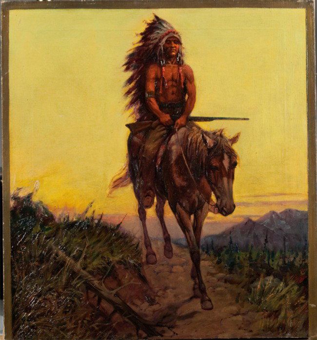 Robert Farrington Elwell Oil Painting On Canvas: Painted to depict an indian on horse with his rifle, Robert Farrington Elwell, (1874-1962) Wyoming, Arizona, was known for his western genre paintings, signed on rear stretcher, with additional stamp 