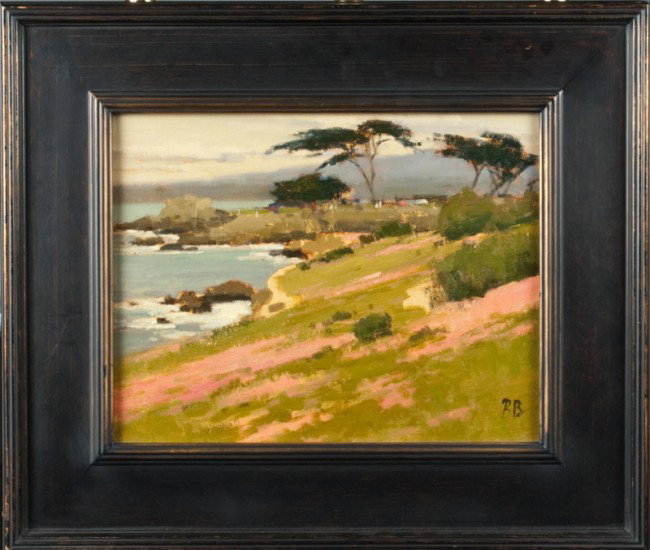 Brian Blood, Oil Painting on Wood Panel: Brian Blood, born 1962, California, known for landscape painting. Titled "Spring Iceplant Lovers Point," depicting a coastal landscape with figures. Framed in new arts & crafts style frame. 10.25" H x