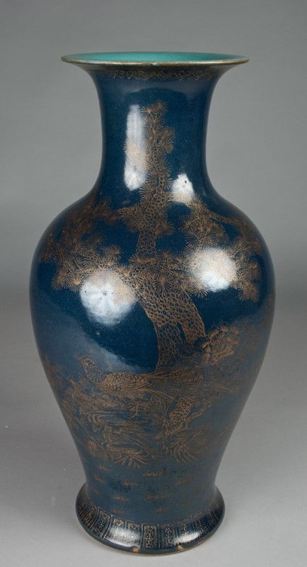 Large Chinese Blue and Gilt Porcelain Vase: Finely decorated gilt, depicts pheasants in a landscape, the interior and foot in turquoise bears the Qianlong seal mark in iron red,, very large measuring 23"H. Private collection Grosse Pointe, MI.