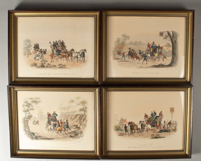 (4) Charles B. Newhouse English Lithographs: Charles B. Newhouse, 1805-1877, United Kingdom. Includes "The drag is broke & we are on the bank!," depicting a stagecoach on a hill with the horses on the bank. "An unwelcome Fare All that Luggage by