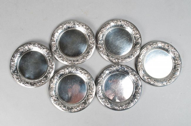 (6) English Sterling Silver Coasters: Marked with english hallmarks, 145 grams total weight, circa early 20th century.