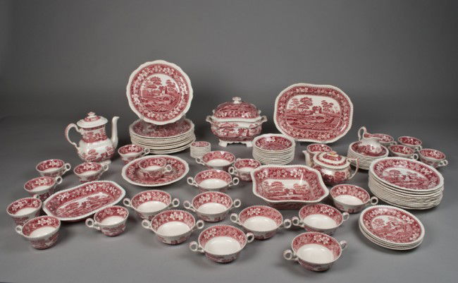 (83) Piece Spode Pink Tower China Set: To include coffee pot, tea pot, creamer, covered tureen, platters, serving bowls, soup bowls, cups, saucers, dinner plates and more, some with slight repair, circa early 20th century.