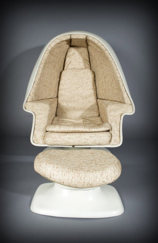 Lee West Inc. Space Age Egg Pod Stereo Chair: Original egg pod stereo chair with ottoman, retains it's original tan tweed upholstery, space age design, can be hooked up to a stereo to realize surround sound when sitting. Serial number 1455, 51"H
