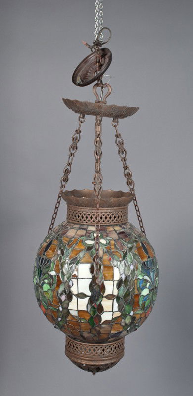 Large Bronze & Leaded Glass Hanging Light: Multi-colored glass in floral patterns , 29" H.