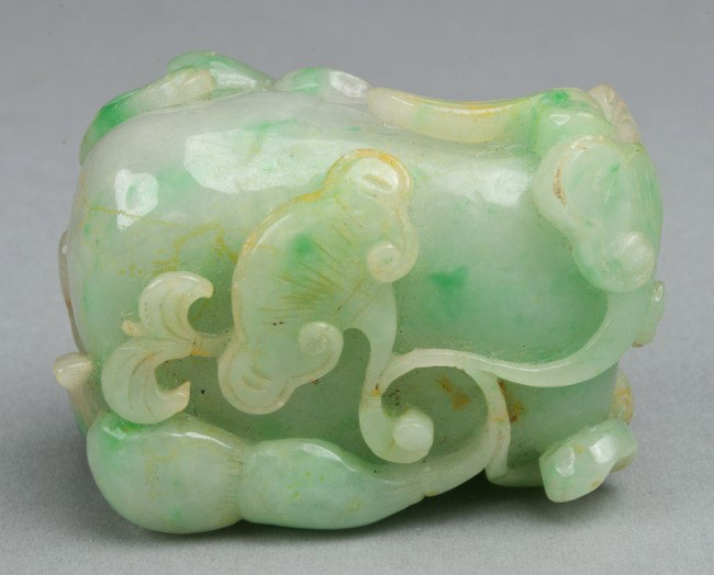 Chinese Qing Carved Jade Pendant: A large oblong pendant deeply carved on all sides in high relief to depict dragons, coins, fungus of immortality, gourds and bats, with fine detail and polish, 2"L x 1.375"W x 1.125"Thick, very well d