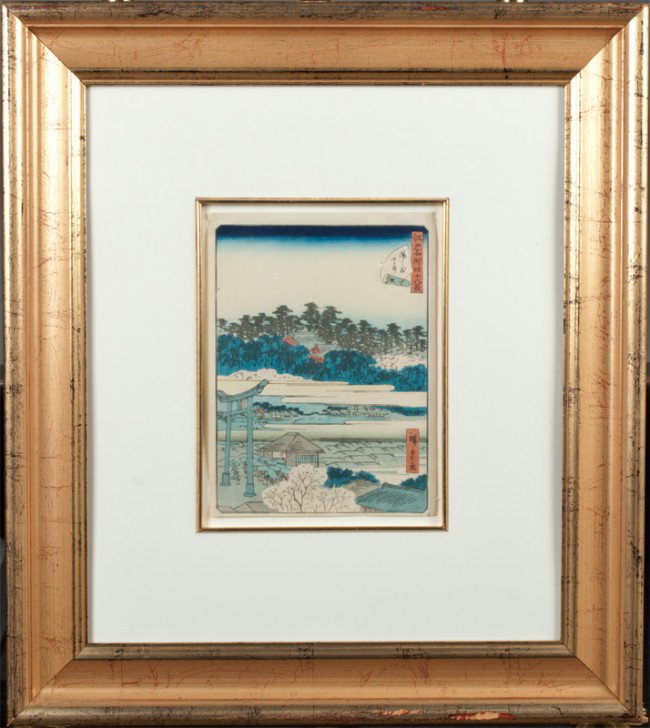 Hiroshige Woodblock Print: Depicting "One of the 48 Views of Edo." Utagawa Hiroshige, (1797-1858), Japan, known for print making. Signed upper and lower right, image size 9.25" H x 6.875" W, very nicely framed and matted, frame