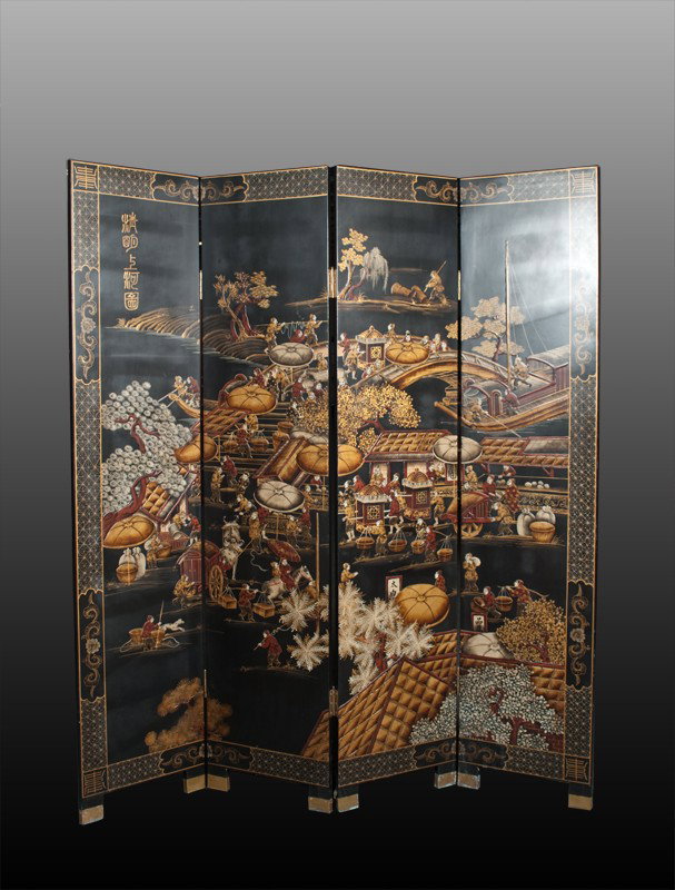 A Fine Chinese Lacquered Paneled Screen: Large screen depicting a village water scene with numerous figures working and in boats, heavy in gilt, signature in UL. The reverse with single painted branch. 6' H x 64" W. 20th century.