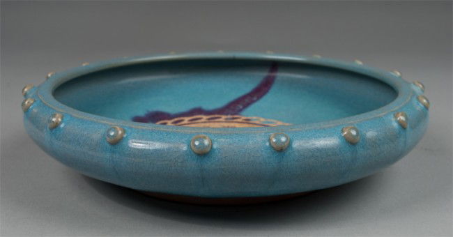 Fine Chinese Narcissus Porcelain Basin: The interior well painted with Arabic writing with purple splotches within the glaze, the base with raised six character seal mark within a rectangle. 2.5" H x 10.5" Dia., circa late 19th/early 20th c