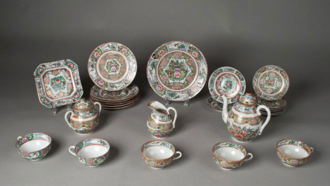 (26) Piece Chinese Export Rose Medallion Tea Set: Includes a dinner plate (rim chip), six salad plates (one with repair, three with rim chips), eight saucers, five tea cups, a covered sugar bowl, a creamer, a covered tea pot, and a square form plate.