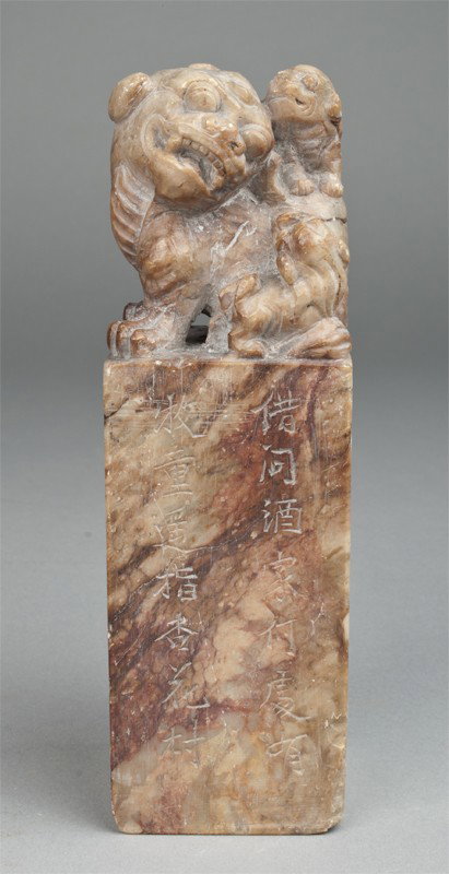 A Large Chinese Rectangular Soapstone Chop: Finely carved to depict a foo dog and pups with a two line inscription to one side. The seal carved with characters. 7.25" H, circa early 20th century.