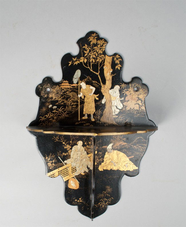 Japanese Meiji Period Gilt Decorated Shelf: The lacquered shelf in collapsible form finely painted to depict figures in a landscape catching butterflies on top and figures in a landscape courting, very well done, with two pierced holes for moun