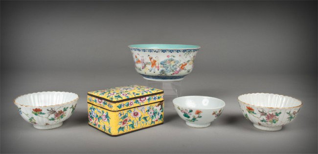 (5) Chinese Famille Rose Porcelains & Enamels: To include a Famille rose bowl the sides painted with children playing, the interior with a lime green ground and decorated with bats and a Shou symbol, the bottom signed with a seal mark in underglaz