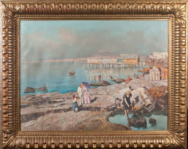 Giuseppe Giardiello Oil Painting On Canvas: A large and exceptional painting depicting a beach scene with children swimming, people walking on the beach, and a lady probably picking clams out of a rocky pool of water, with a boardwalk in the ba