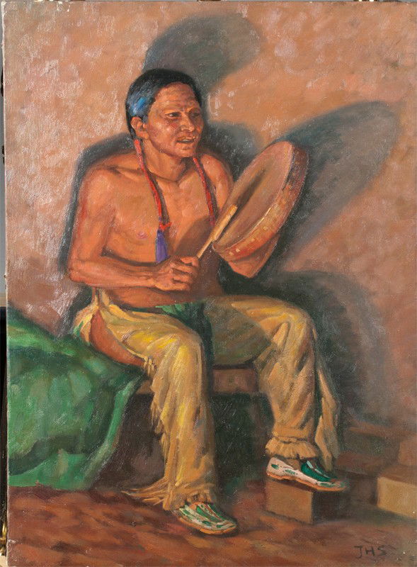 Joseph Henry Sharp, Oil Painting on Canvas: Finely painted to depict an Native American male in an interior scene, playing a drum. Signed JHS in LR. Joseph Henry Sharp, (1859-1953), New Mexico/California, was known Indian figure, landscape and