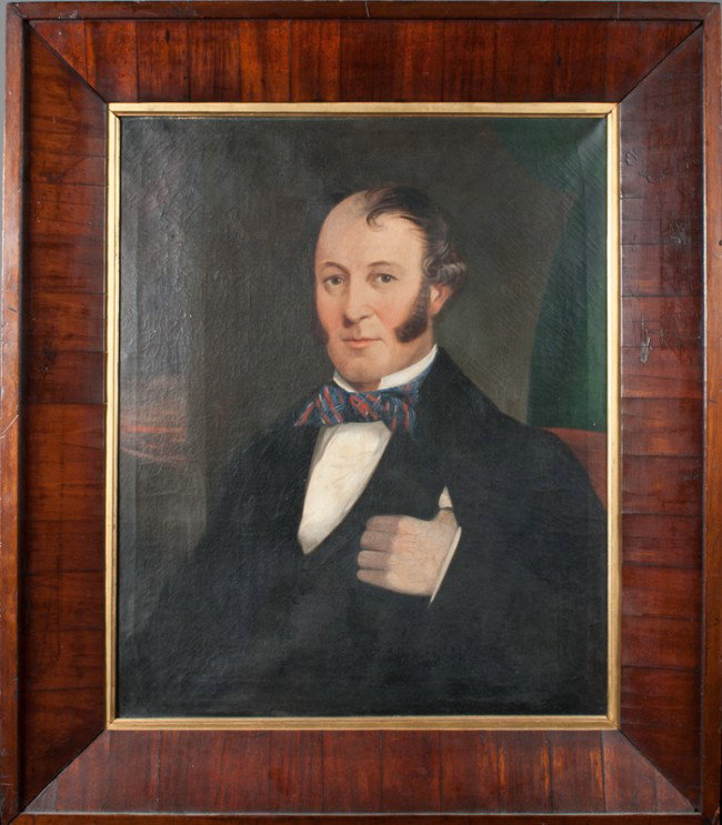 Fine American School Oil Painting on Canvas: Finely painted to depict a portrait of a gentlemen in period clothing, and framed in a mahogany veneered frame with gold liner, american or continental, Unsigned 28" H x 22.75" W, sight, 38" H x 32.75