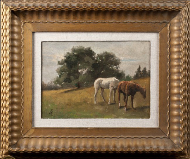 Edwin Graves Champney, Oil Painting on Canvas: Titled, "Marblehead," finely painted to depict a white and a brown horse in a field. Edwin Graves Champney (1842-1899), New Hampshire, was known for his landscape and animal paintings. Artists' monogr