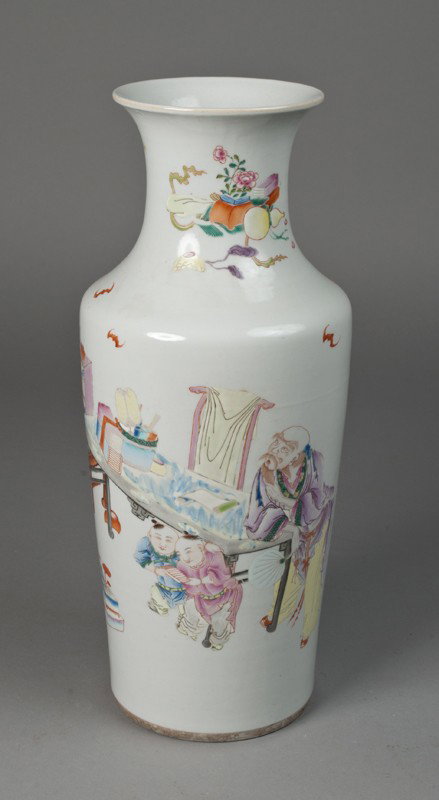 Large Chinese Famille Rose Porcelain Vase: Finely enameled to depict an elderly figure resting on a table with two young figures beneath the table with sporadic antiques and flying bats, and antiques on neck. 16.75" H, 20th century.