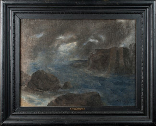 Sarkis Sarkisian, Oil Painting on Canvas: Finely painted to depict a brewing storm over the sea with large boulders near the shore and the storm on the horizon. Sarkis Sarkisian, (1909-1977), Michigan/Turkey, was known for landscape, figural 