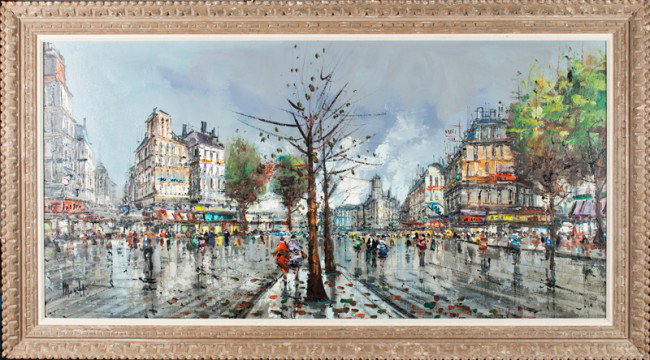 Mosett, Oil Painting on Canvas: Finely painted to depict a European street scene with buildings and numerous figures, in the style of Edouard Leon Cortes. Signed in LL, and framed in carved wood frame. 24" H x 48" W, sight, 30.25" H