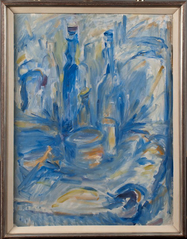 Poss. Jack Levine, Oil Painting on Board: Painted to depict a still life of bottles and objects on a table, done in an expressionist style in blues with hints of yellow and green. Jack Levine, (1915-2010), New York was known for his mod genre
