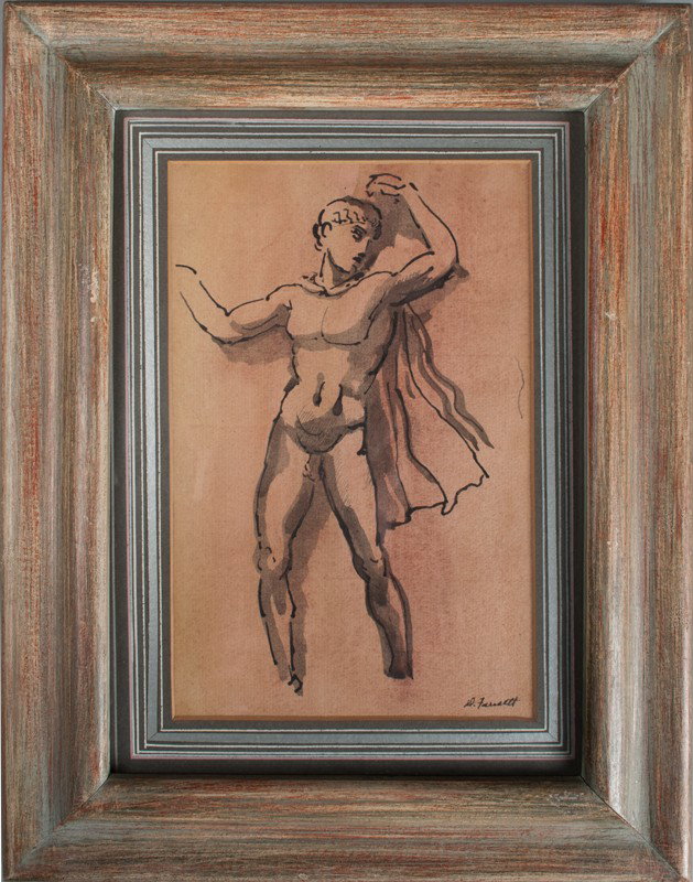William Dean Faucett, Watercolor Painting on Paper: Finely painted to depict a nude Greek male figure with cape. William Dean Faucett, (1913-1988), California/New York, was known for portrait, genre, landscape, mural painting, etching, lithography and 