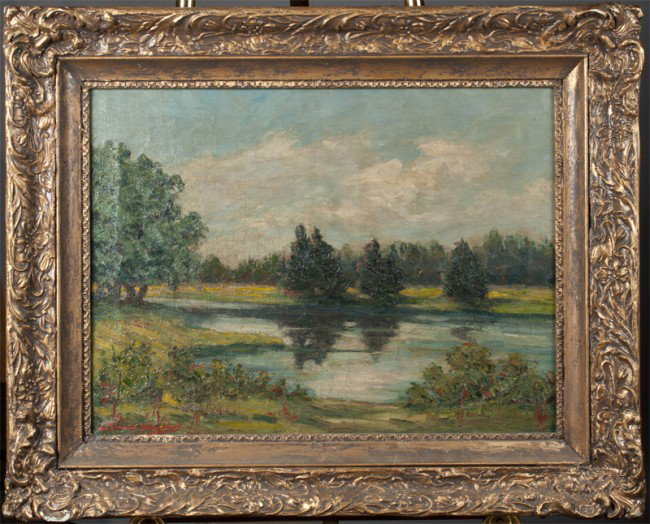 Leo Leander Courtney, Oil Painting on Canvas: Finely painted to depict a landscape scene of a body of water, trees and flowers. Leo Leander Courtney, (1890-1940), Kansas, was known for rural and urban scenes-prints, landscape paintings and woodca