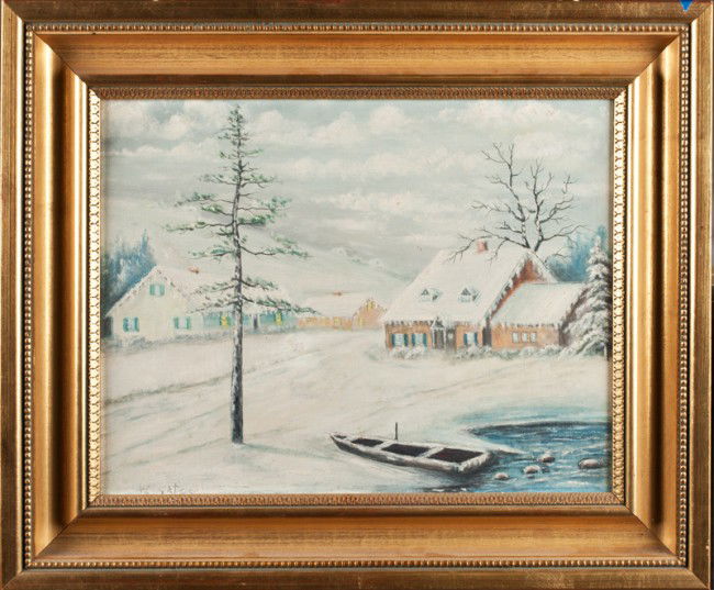 W. Gates, Oil Painting on Canvas Board: Possibly William Gates. Painted to depict a winter scene with houses and a boat covered with ice near the shore. Signed W. Gates in LL, framed in a newer gold reeded frame. 12.5" H x 16.25" W, sight,
