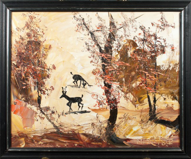 Morris Katz, Oil Painting on Mason Board: Depicting deer in an Autumn landscape, with heavy use of impasto, gives this piece a nice flair. Morris Katz (1931-2010), New York, known for instant art-mod figurative, portrait-palette knife and toi
