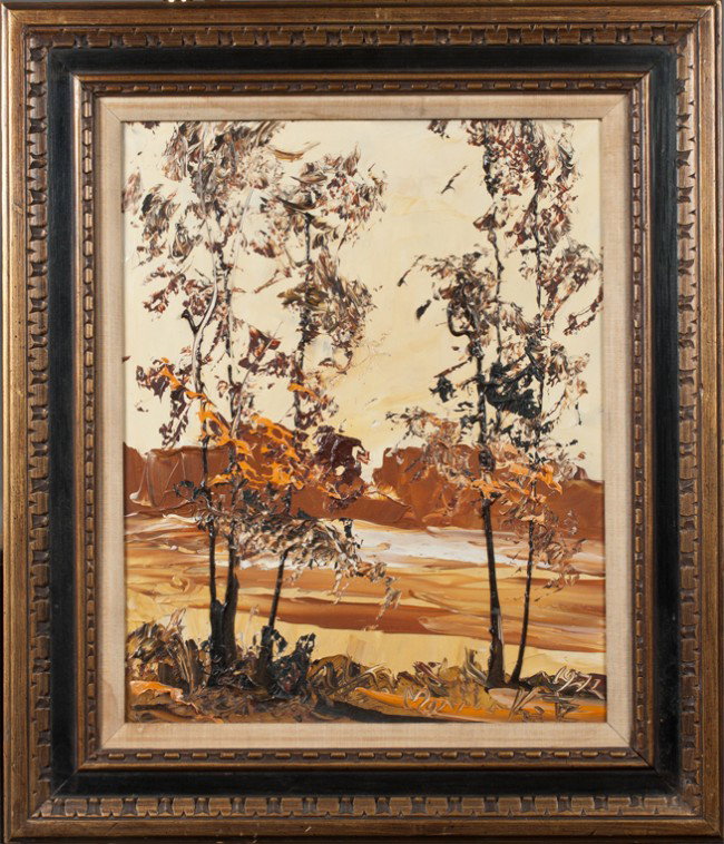 Morris Katz, Oil Painting on Mason Board: Depicting a modern landscape in heavy impasto of a landscape with trees and lake in warm browns and Autumn tones. Morris Katz (1931-2010), New York, known for instant art-mod figurative, portrait-pale