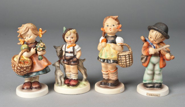 Grouping of (4) Hummel Figurines: Includes "Little Goat Herder," "Sister," "Violin Boy," and "Autumn Harvest." Tallest 5.25" H, all in very good condition.