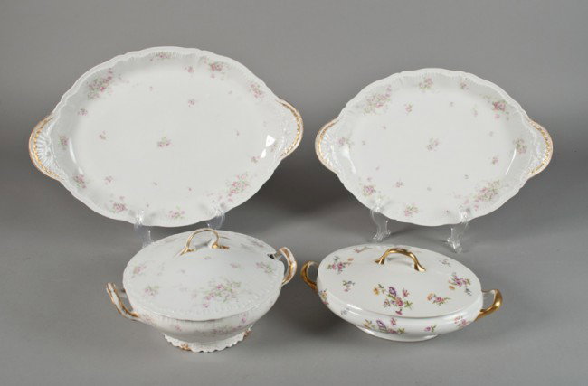 (4) Pieces of Fine Limoges Porcelain: Includes two handled serving trays and covered tureen with small pink roses, gilt handles and highlights, marked Theodore Haviland Limoges France Patent applied for, in red, small chip to bottom of tu