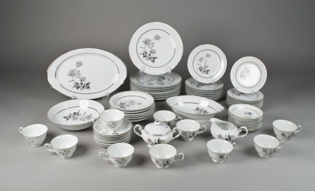 (61) Piece Nocturne by Yamaka Japan China Set: In the Nocturne pattern, includes 8 dinner plates, 8 salad plates, 6 soup bowls, 8 b & b plates, 8 finger bowls, large platter, vegetable dish, large serving bowl, covered sugar and creamer, 10 coffee
