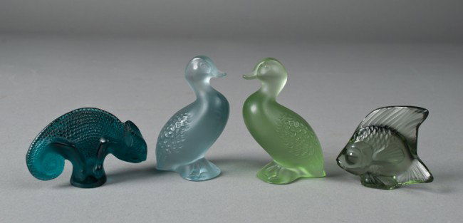 (4) Lalique Glass Animal Figures: Includes a frosted blue duck, a frosted green duck, a green angel fish, and a blue lizard. All are signed and tallest 2.75" H, and in excellent condition.