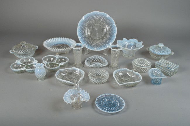 (19) Piece Fenton & Anchor Hocking Moonstone: Includes covered dishes, handled relishes, a box, bowls, plate, pair of vases and more. Longest 10" Dia., all in great condition.