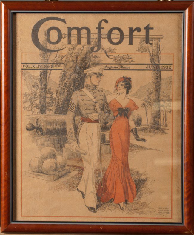 Comfort Magazine Colored Lithograph: Dated June 1932, depicting a lady and gentleman walking arm in arm. Additional information at top Vo. XLIV No. 8, Augusta, Maine. Bottom right Edwin John Prittie. Framed behind glass, 14.25" H x 11.75