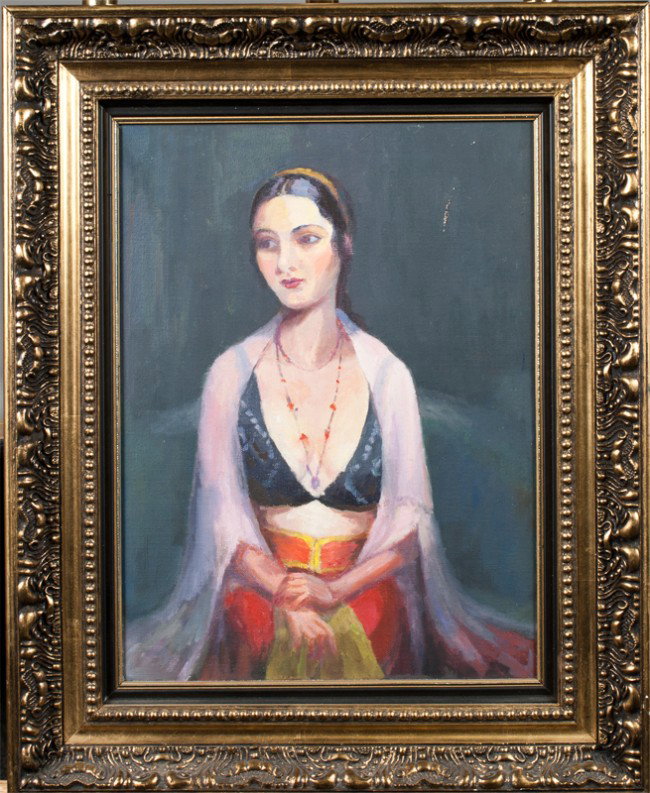 Mid. 20th C. Oil Painting on Canvas; Portrait: Painted to depict a portrait of a Mideastern woman in a dress with shawl. Very colorful and in the style of Robert Henri. Framed in a newer gold antiqued frame. 15.25" H x 11.75" W, sight, 21.75" H x 